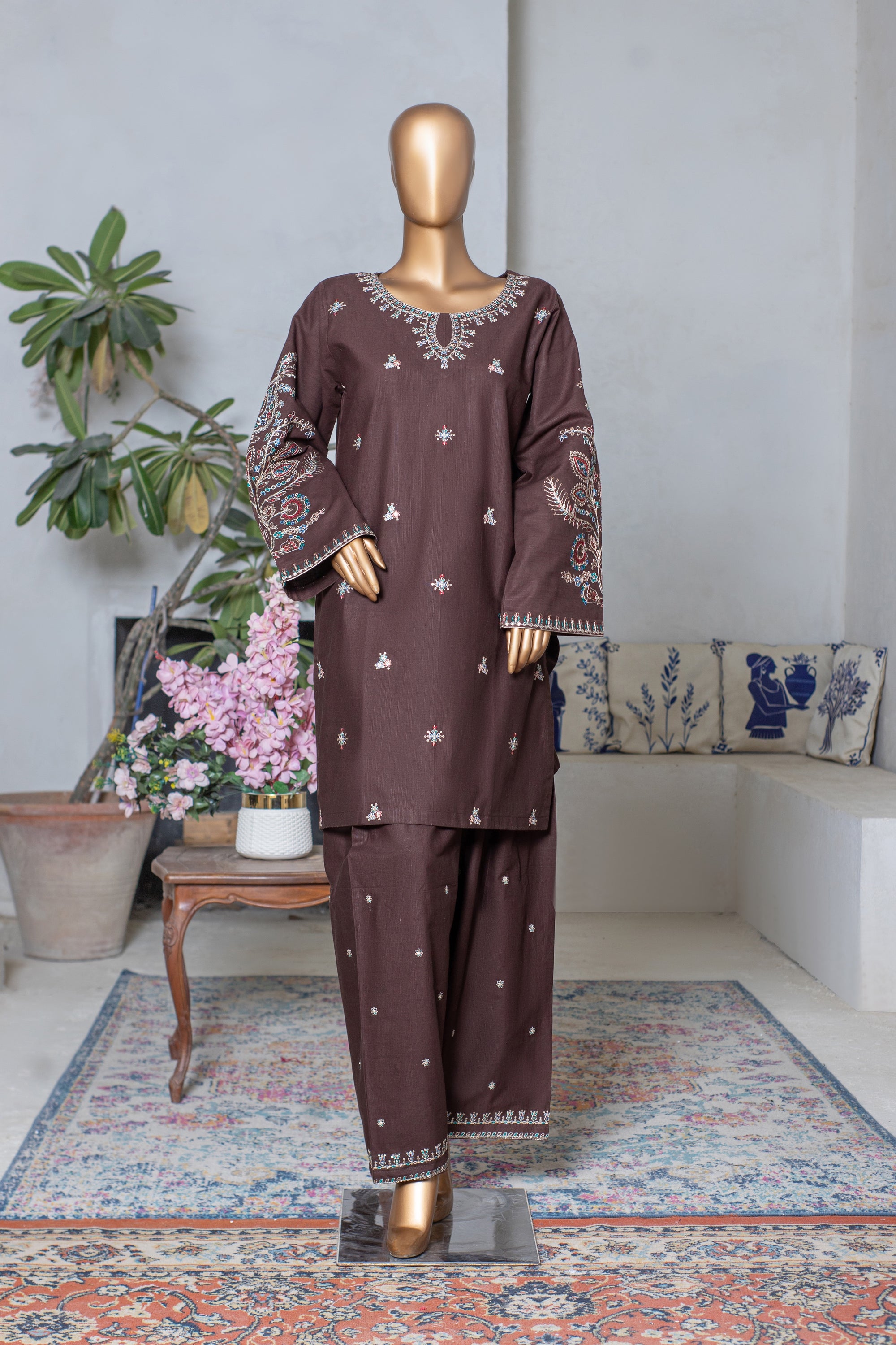 Leen – Khaddar 2-Piece Suit with Embroidered Trouser (Brown)